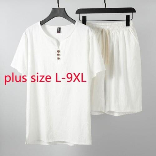New Arrival Fashion Super Large Men Jacket And Pants Summer Cotton Linen Short Sleeve Men T Shirt Sets Plus Size M-7XL 8XL 9XL