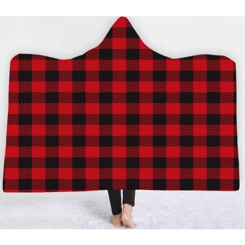 3D Printed Plaid Hooded Blanket for Woman England Style Sherpa Soft Fleece Wearable Throw Blanket Microfiber Family Bedding