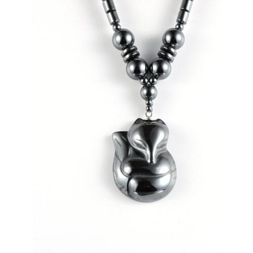 Cute Animal Fox Pendant Necklace For Women Engery Black Hematite Beads 18" Choker Necklace Fashion Boho Natural Stone Jewelry