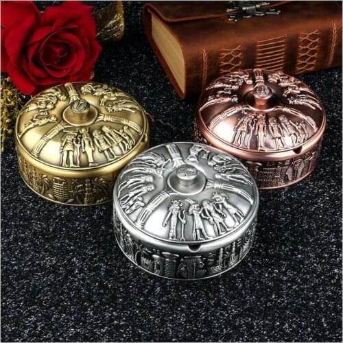 Vintage Home Decoraction Ancient Egypt Metal Alloy Ashtray with Cover Living Room Table Accessories Egyptian Decor Mens Gift