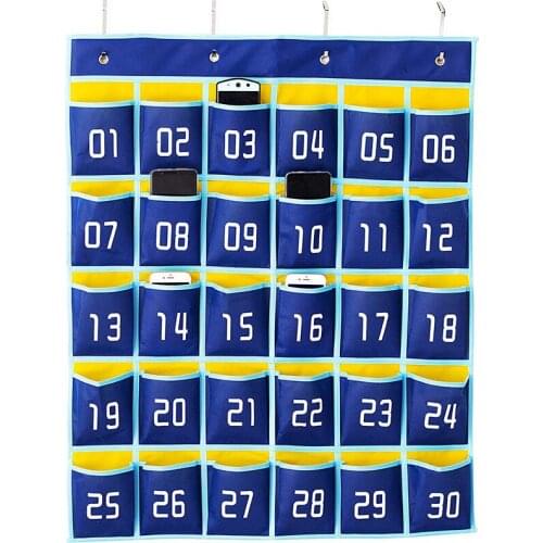 Numbered Pocket Chart Classroom Organizer for Cell Phones Calculator Holders (30 Pockets, Blue Pockets)