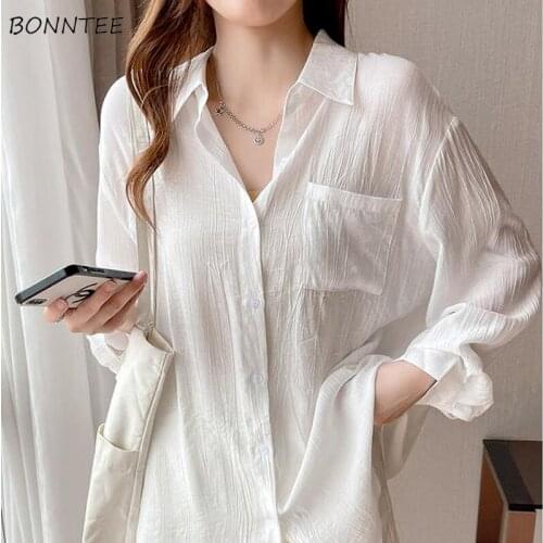 White Shirts Women Folds Solid Summer Thin All-match Simple Long Tops Soft Sun-proof Daily Casual Chemise Design Ladies Oversize
