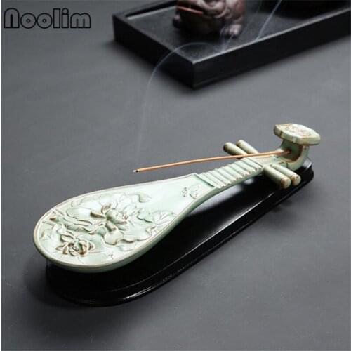 Handmade Ancient China Lute Sculpture Lotus Incense Burner Aromatherapy Censer Incense Stick Holder Home Office Decoration