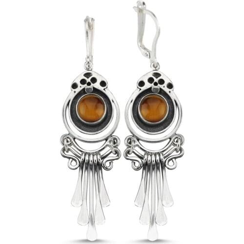 Silverlina Silver Tiger Eye Gemstone Dangle Hand Handwork Earrings