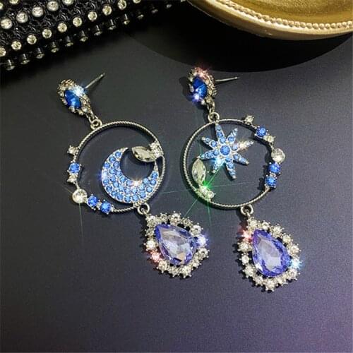 FYUAN Star Moon Blue Crystal Dangle Earrings for Women Water Drop Earrings Weddings Party Statement Jewelry Gifts