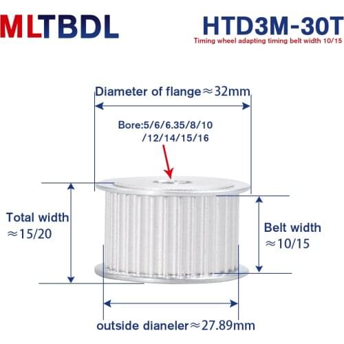 3M 30T Timing Pulley 5/6/6.35/8/10mm Bore Gear Pulley 3mm Pitch 11mm Belt Width Aluminum Alloy Synchronous Timing Belt Pulleys