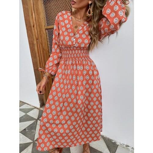 Vintage Deep V-neck Print Midi Dress Women Long Sleeve Elastic High Waist Dress Vestidos Autumn A-line Dresses For Women 2021
