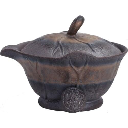 Vintage Gaiwan Lotus Leaf Hand-Held Pot Old Rock Mud Gilt Iron Glaze Handmade Coarse Pottery Teapot Tea Bowl Ceramic Tea Tureen