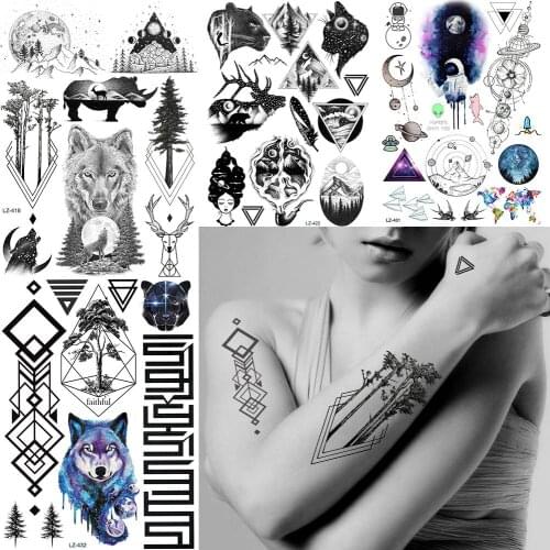 Waterproof Fake Geometric Tree Black Wolf Men Arm Moon Tattoo Stickers Adhesive Body Art Tattoos Temporary Custom Neck Arm Tato