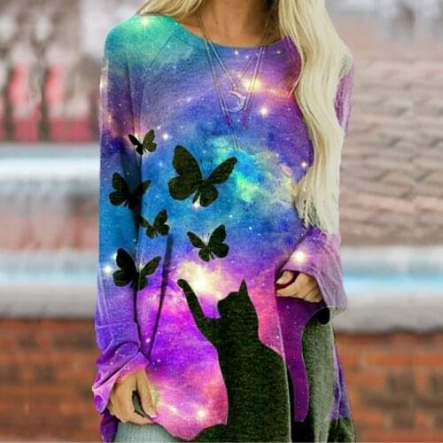 Women Cat Printed X-Long Shirt Top Fashion O Neck Fall Long Sleeve Pullover Loose Oversize Tee shirt Autumn Casual Bluse Blusa