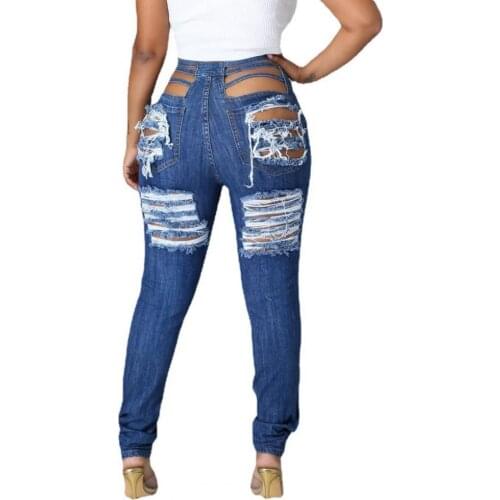 Women’s Ripped Slim Jeans Fashion Solid Color Ripped Hole Tassel Stretch High Waist Denim Pencil Long Pants Streetwear Jeans