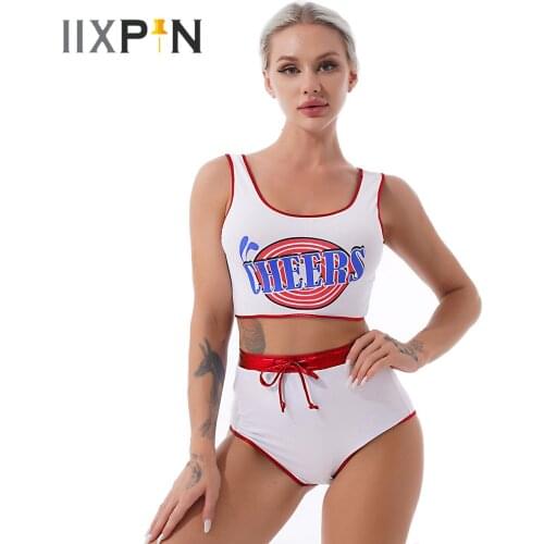 Womens Role Play Costume Outfit Letter Print Cropped Tank Vest Tops with Drawstring Wetlook Hot Shorts Cheerleader Uniform Suit