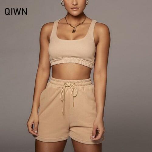 QIWN 2021 Summer 2 Piece Set Women Casual Sport Crop Top Shorts Set Tracksuit Women Clothing Sleeveless Two Piece Set Outfits