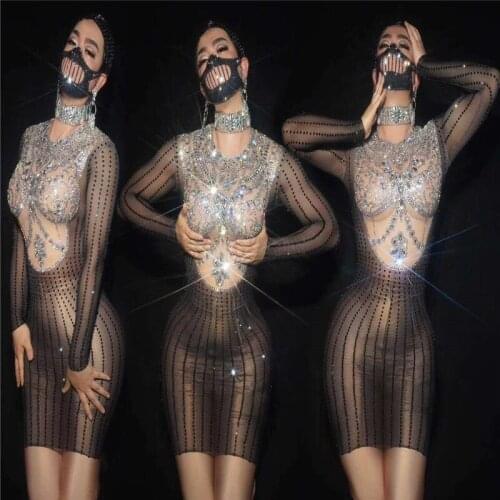 H21 Female pole dance dress sexy black mesh rhinestones women dress sequins shinning diamonds skirt party wear outfits drilling