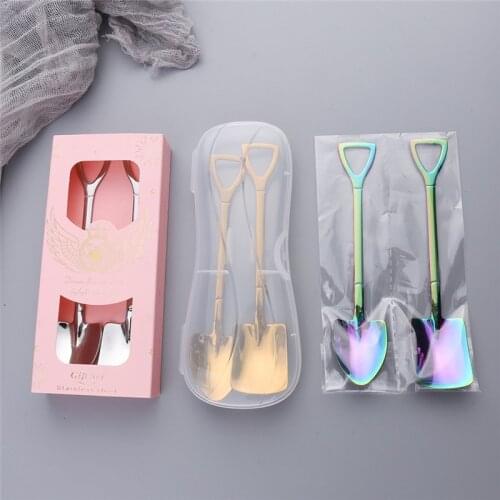 2Pcs Metal Ice Cream Coffee Spoon Shovel Shape Tea Spoon Afternoon Tea Dessert Fruit Long Handle Spoon Gift Boxed Kitchen Tools