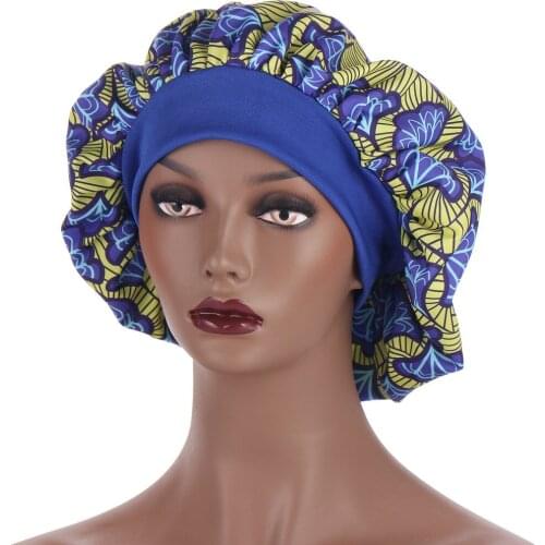 African Pattern Elasticity Big Satin Bonnets Women Comfortable Wide-brimmed Silky Hair Sleeping Hat Salon Care Makeup Headband