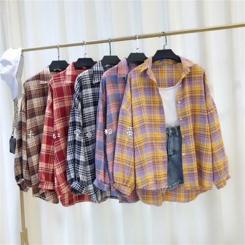 Fashion Women Chic Oversized Plaid Blouse Long Sleeve Female 2020 New Vintage Loose Casual Shirts Stylish Cotton Tops Blouse