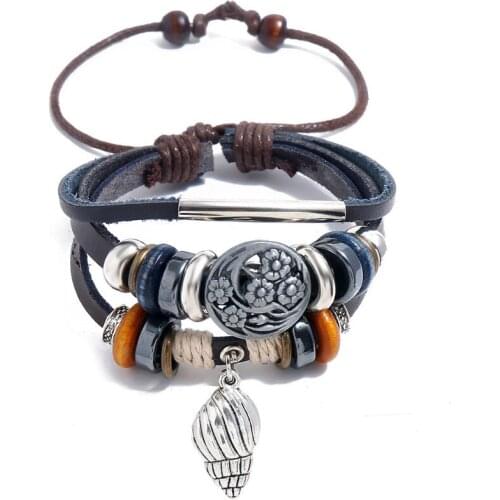 Fashion Vintage Women Black Leather Bracelet Flower Conch Beads Charms Multi-layer Beach Bangle Retro Wristbands Trendy Jewelry