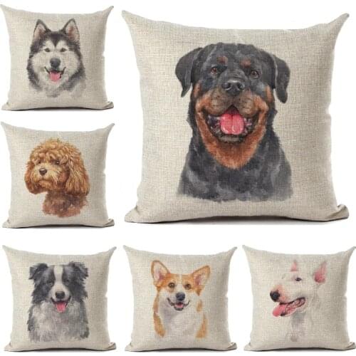 Rottweiler Schnauzer Bull Terrier Corgi Border Collie Dog Printed Linen Cushion Cover Living Room Decorative Throw Pillow Case
