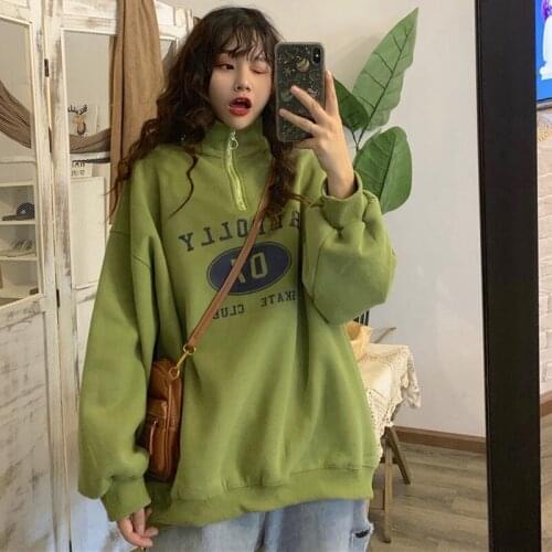 Autumn Winter Korean Version Of Loose Wild Zipper Stand-up Collar Ins Kpop Style Plus Velvet Thick Sweatshirt Female Student Top