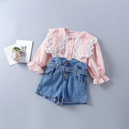 2-7 years high quality girl clothing set 2021 new autumn fashion plaid pink yellow shirt + demin pant kid children clothes