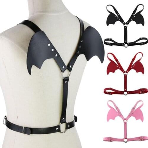 DIEZI Punk Sexy Black PU leather Angle Bat Wing Necklace Harness Chains body chain Bondage Goth Party bodychains Fashion Jewelry