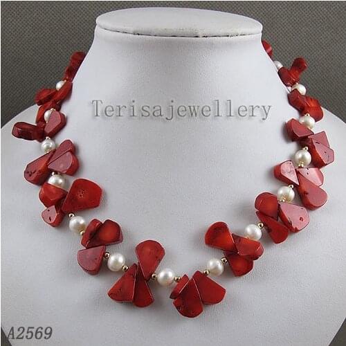 Terisa Pearljewelry AA 7-8MM White Color Freshwater Pearl Necklace Made Yellow Beads And Red Coral Stone Jewelry
