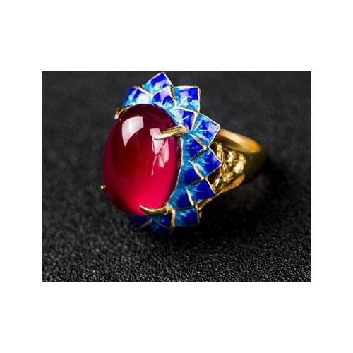 Cloisonne ring enamel color process inlaid red corundum opening design