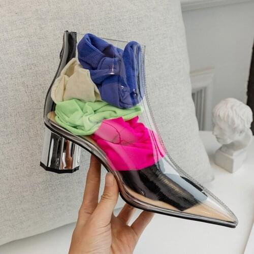 Sexy PVC Transparent Boots Sandals Peep Toe Shoes Clear Chunky Heels Sandals Mujer Women Boots Zipper 2020 New Spring/Autumn