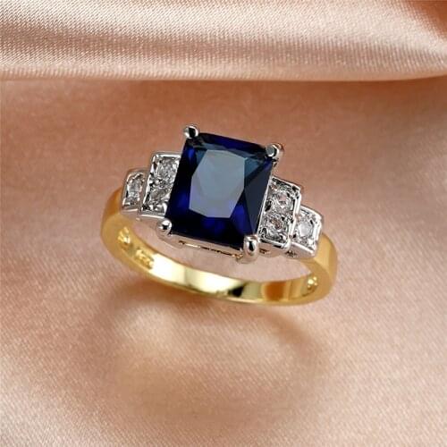 Luxury Female Blue Square Crystal Jewelry Cute Gold Silver Color Wedding Rings For Women Promise Love Engagement Ring