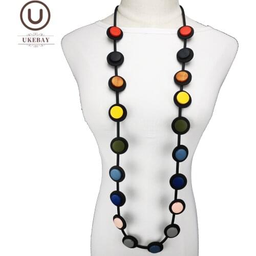 UKEBAY New Long Sweater Chains Women Rubber Jewelry Luxury Design Jewelry Elasticity Rope Multicolor Wood Pendnat Necklace Gift