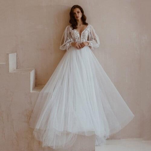 Eightree Vintage Long Sleeve Lace Wedding Dresses 2021 Puff Sleeve Summer Wedding Gowns Cheap Bridal Dress Women Couture Haute