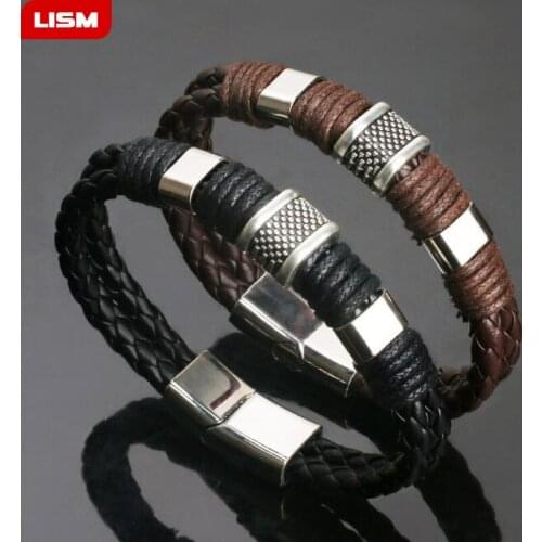 High Quality New Arrival Black Men PU Leather 1PC Punk Boys Unique Zinc Alloy Weave Knit Brown Bracelet Gifts
