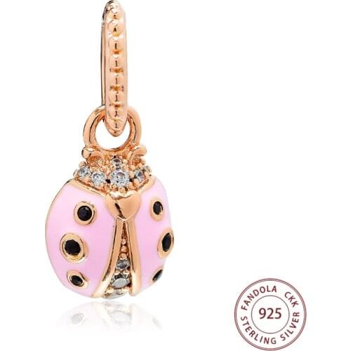Fits Pandora Charms Bracelet 925 Sterling Silver Rose Lucky Pink Ladybird Pendant Charm Beads Women DIY Jewelry Making