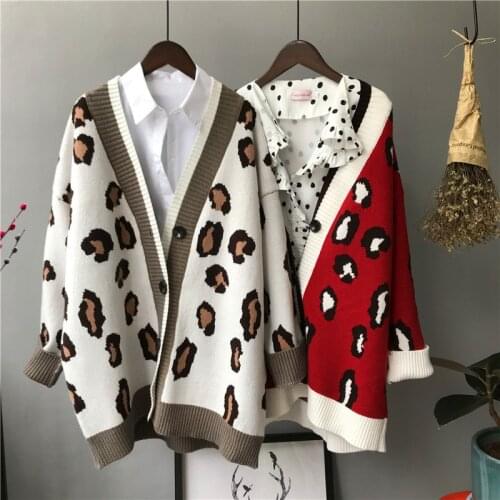 Leopard Print Women Sexy V Neck Cardigan Streetwear Long Sleeve Autumn Winter Lazy style Casual Outwear Sweater Tops Cardigans