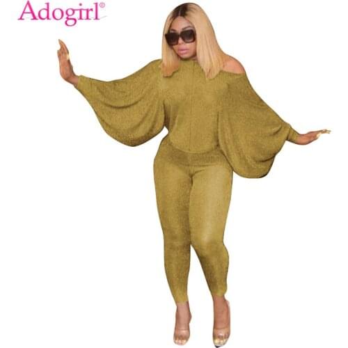 Adogirl Shining Sequins Silk Fashion Casual Two Piece Set Off Shoulder Batwing Sleeve Top Pencil Pants Women Sexy Clothing