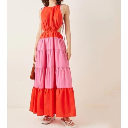 2021 new summer dress fashion sexy contrast color stitching beach halter hanging neck high waist lace long dress woman