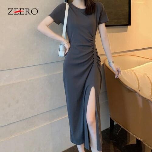 Summer Woman O-Neck Short Sleeve Slim Midi Dress Female Vintage High Waist Shirring Side Split Sexy Bodycon Dresses for Women