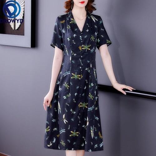 Women Sexy Boho Beach Midi Dress Summer 2021 Office Lady Fashion Print Silk Short Sleeve V-Neck Beige Navy Long Dresses Vestidos