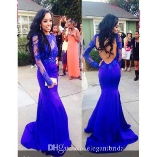 Free shipping robe de soiree 2019 Lace Evening Dresses Open Back Long Sleeves Mermaid Floor Length Royal Blue Evening dress