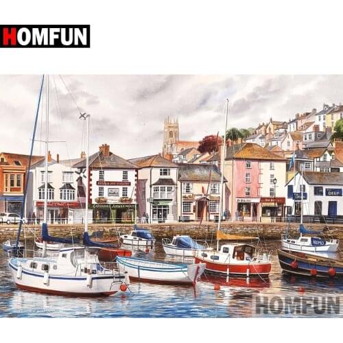 HOMFUN Diamond Painting "Boat town" DIY 5D Diamond Embroidery Sale Full Set Rhinestone Cross Stitch Home Decor A08206