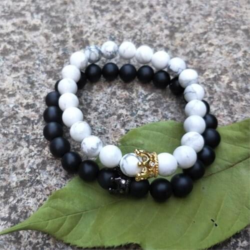 Ailatu Couple His And Hers Bracelet Distance Black Matte & White Beads Cz Crown King Charm Stone Jewelry Lovers
