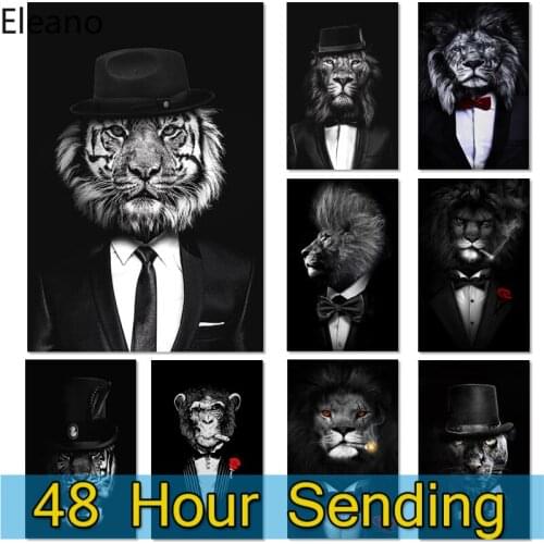 Black and WhiteTiger Orangutan Lion Poster Wear A Suit Abstract Anime Picture Wall Art Room Decor Aesthetic Canvas Printings