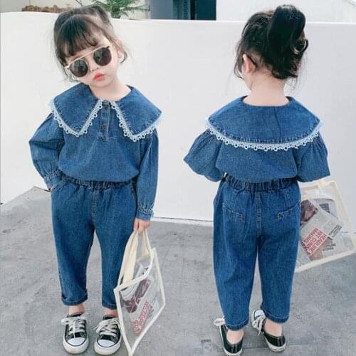 DFXD Fashion Kids Girl Clothes Set 2020 Spring Long Sleeve Lace Collar Denim Tops+Jeans Pants Outfits 2-7Yrs Childrens Sets