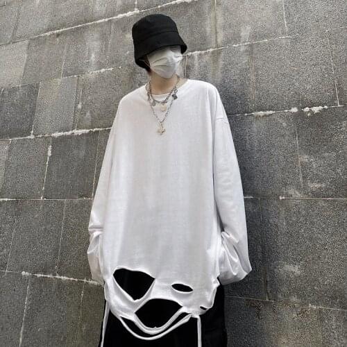 Women Man Outdoor Hollow Out Broken O Neck Long Sleeve Harajuku T-shirts Gothic Unisex Lady Loose T Shirt Autumn Street Rock Top
