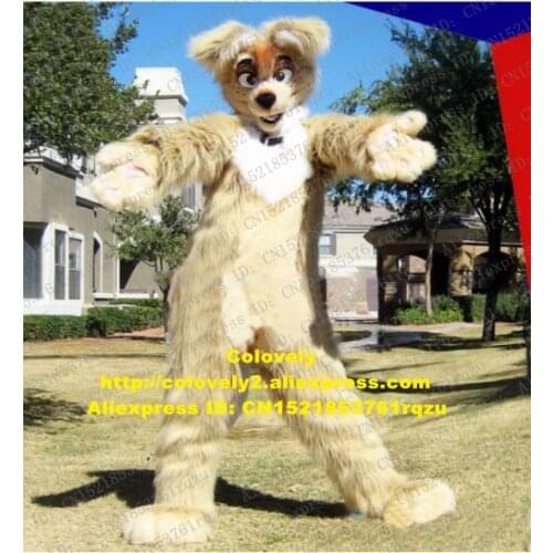 Khaki Long Fur Furry Husky Dog Fox Wolf Mascot Costume Fursuit Adult Cartoon Mega-event Fandango Dancing Party zz7768