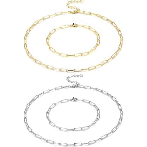 Hip Hop Cuban Link Chain Necklace & Bracelet Set For Gift Wholesale African Dubai Gold Color Stainless Steel Jewelry Sets