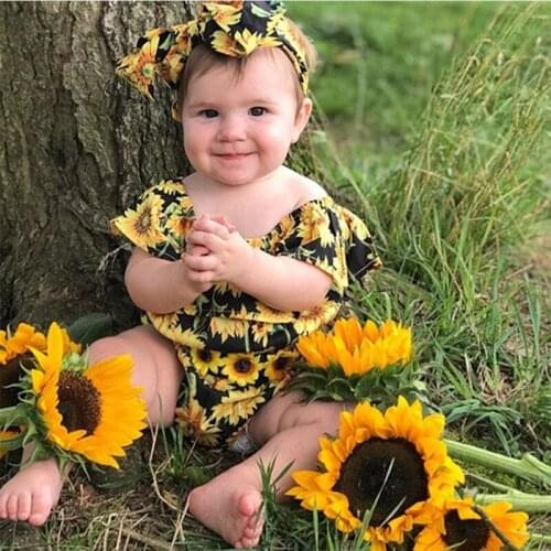 Newborn Baby Girls Flower Romper Bow Decoration Bodysuit + Headband 2pcs Set Jumpsuit Sunsuit Outfits Summer Clothes