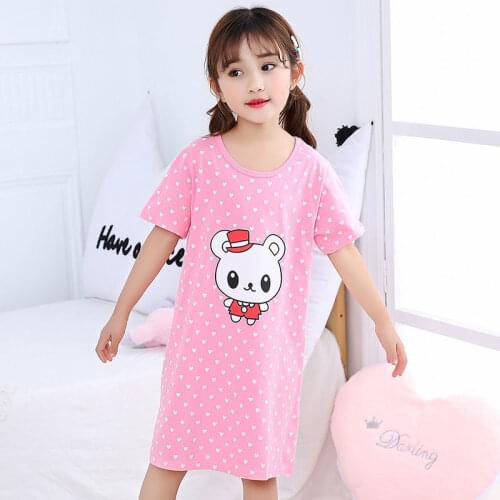 2-14 Yrs Child Girls Summer Nightgown Sleepwear Cotton Short Sleeve Sleeping Dress Kids Cartoon Pink Bear Printed Nightwear