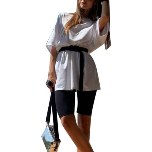 Fashion Women Clothing Summer Half Sleeve Round Neck Solid Slim T-shirt Shorts Belt Outfit Loungewear Sport Set Женский костюм